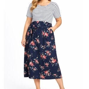 Merokeety XL Striped Floral Maxi Dress with Pockets & Tie Belt